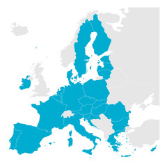 Political map of Europe with blue highlighted 27 European Union, EU, member states after brexit in 2020. Simple flat vector illustration