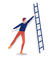 Cartoon Faceless Man Character Holding Ladder. Flat Guy Standing Isolated on White. Librarian, Teacher or Bookseller at Work. Vector Illustration. Education and Making Knowledge Grow. Book Festival