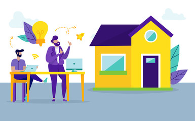 Man with Laptop. Profitable Home Purchase. Money Saving Concept Buying Home. Vector Illustration. Buying House on Credit. Conclude Agreement. Favorable Conditions for Lending. Communication Two Men.