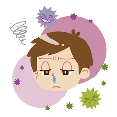 鼻水が出ている男の子とウイルス（主線なし）