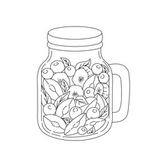 Glass jar with fruits. Healthy eating Snack. Contour image. Elements for decoration. Vector illustration.
