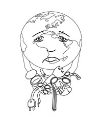 Ecology and environment protection. The problem of garbage and household waste. Sad planet earth shows the debris that is holding in his hands. Contour image. Decor element. Vector illustration.