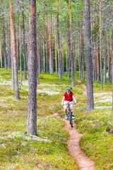 Woman cycling on path through woods, R&ouml;rb&auml;cksn&auml;s, Dalarna, Sweden