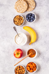 Healthy snack concept, top view.