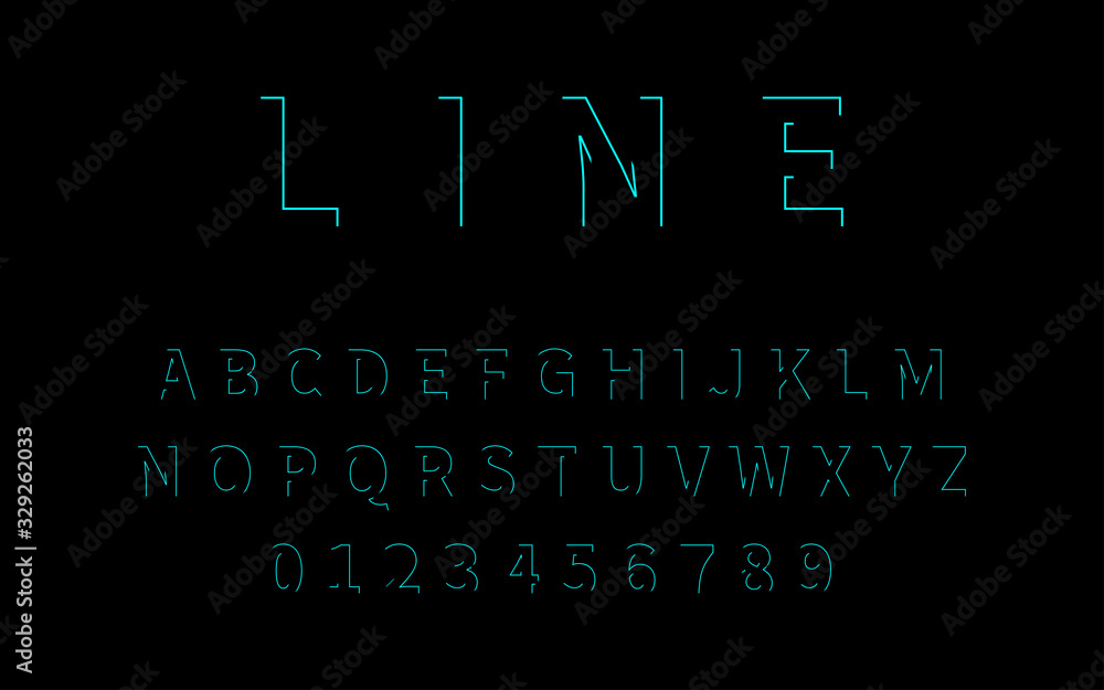 Fototapete Line Font. Alphabet in latin. Font alphabet with letters and numbers in linear design. Neon design. Vector illustration