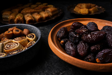 baklava and dates on tray