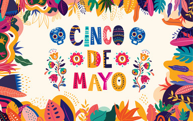 Beautiful vector illustration with design  for Mexican holiday 5 may Cinco De Mayo. Vector template with traditional Mexican symbols: Mexican guitar, flowers, red pepper, skull - obrazy, fototapety, plakaty