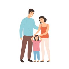 Smiling cartoon family mother, father and daughter isolated on white background. Happy young people hugging standing together vector flat illustration. Laughing man and woman enjoy parenthood