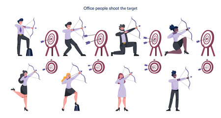 Business people aiming in target and shooting with arrow set.