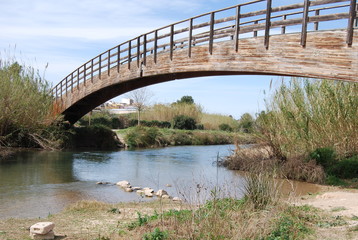 Obraz premium Curved Wooden Bridge over River Turia, Spain