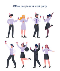 Office worker at work party set. Collection of business people in party