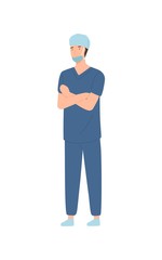 Professional male surgeon wearing safety mask and hat isolated on white background. Smiling man doctor in protective uniform standing vector flat illustration. Medical staff specialist