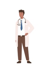 Friendly cartoon black male doctor in white coat standing isolated on white background. Positive man professional physician in stethoscope vector flat illustration. Medical staff in uniform