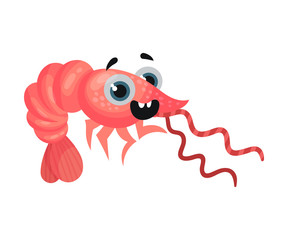 Cute Shrimp Cartoon Character with Big Eyes Vector Illustration