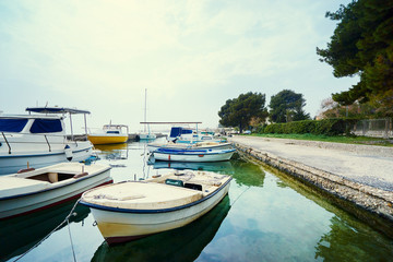 Harbor with leisure and fishing boats at anchor, Dalmatia, Croatia.