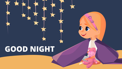 Good Night Banner. Cartoon Girl in Pajamas with Teddy Bear Sit in Blanket Vector Illustration. Cute Kid in Sleepwear in Bed. Child Pyjamas Party Sleepover. Bedroom Nursery. Sleepwear Clothes