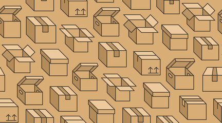 Delivery box background, cargo package seamless pattern. Various open and closed cardboard boxes, parcel flat line icons. Warehouse, storage vector illustration brown color