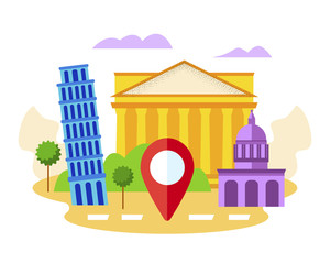 Italy Famous Show Places, See Sights with Gps Mark. Pisa Tower, Segesta, Florence Cathedral Architecture. Traveling, Trip Visiting Foreign Country Historical Buildings Cartoon Flat Vector Illustration
