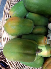 Closeup of papayas in basket for sale in the market.  Recommended nutritious fruit concept.