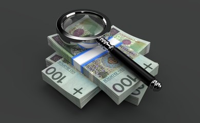 Magnifying glass lying on polish currency