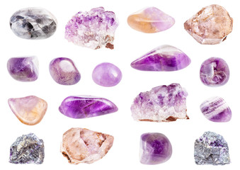 set of various Amethyst gemstones isolated