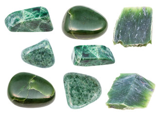 set of various green Jade gemstones isolated