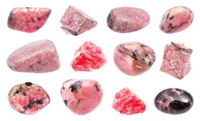 set of various Rhodonite gemstones isolated