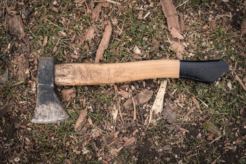 Old used axe after work