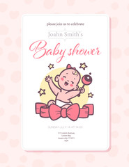 Baby shower card / invitation / poster design template with cute baby girl infant sit with rattle toy, pattern isolated. Vector flat illustration.