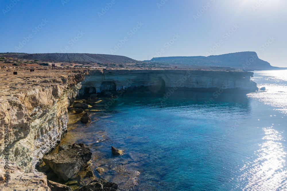 Wall mural view of turquoise water beach in aiya napa, cyprus. ayia napa coastline.