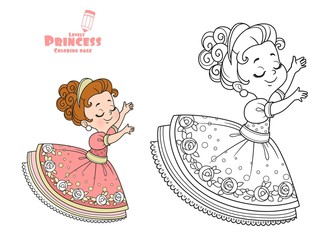 Cute princess dancing outlined and color for coloring book © Azuzl