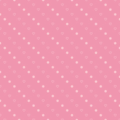 Abstract background texture. Dot and heart shape seamless pattern. Vector illustration polka style, minimalism wallpaper, flyer, cover, design. Bubble circle geometric ornament, decorative element