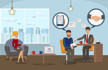 Business Deal Conclusion Flat Vector Illustration. Businessman, Secretary and Client Cartoon Characters. Banking Service, Money Loan. Employment Contract Signing Process. Paperwork, Legal Formalities
