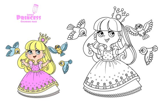 Cute princess in a pink dress sings for birds outlined and color for coloring book