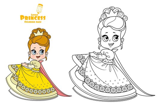 Cute princess in yellow dress with puffy skirts and high hair outlined and color for coloring book