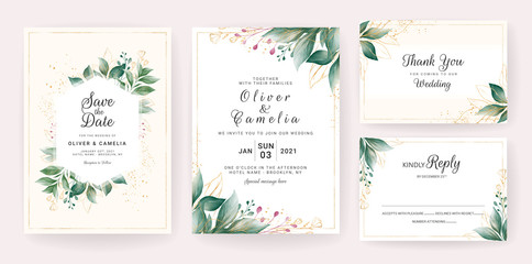 Wedding invitation card template set with watercolor floral arrangements and border. Flowers decoration for save the date, greeting, rsvp, thank you, poster, cover, etc. Botanic illustration vector