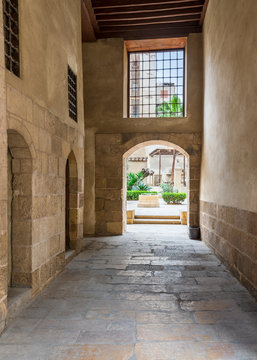 Stone bricks passage leading to the courtyard of historic Beit El Sehemy house located in Moez street, Gamalia district, Cairo, Egypt