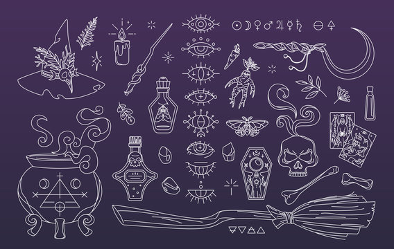 Witchcraft elements set in hand drawn style. Black magic collection. Isolated wizard accessories - witch hat, broom, cauldron, potion bottles. Esoteric and mystery symbols for stickers, badges, print