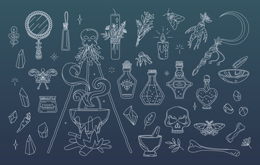 Wicca, pagan and herbal medicine collection. Isolated witchcraft elements set - cauldron, mirror, candles, ritual sickle. Magic, esoteric or occult symbols. Badges, stickers and print concept