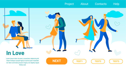 Landing Page Offering First Dating Organization. Flat Cartoon People in Love Spending Romantic Time Together. Man and Woman Kissing, Walking, Swinging. Vector Relationship Creation Illustration