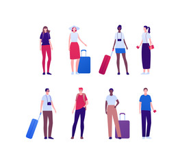 Travel person collection. Tourist people with baggage concept. Vector flat illustration. Group of multienthic men and women with phone, camera and guide. Design element for banner, background, sketch.