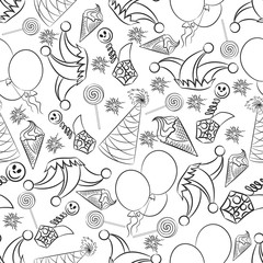 Obraz premium Seamless black and white background. Template, ornament, greeting card suitable for birthday, April 1st-fool's Day, humorous party, circus, children's clothing, paper, packaging, websites.