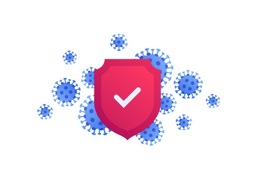 Virus epidemic concept. Vector modern flat illustration. Coronavirus symbols and red shield with check mark isolated on white background. Design element for medicine banner, infographic, web, poster.