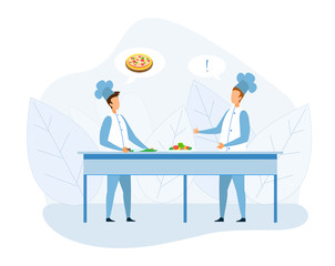 Two Faceless Chef Cook in Uniform Discussing Pizza Recipe Cartoon. Male Master-Chief Character Cutting Vegetables on Table. Man Colleague Showing Thumbs-up Supporting Idea. Vector Flat Illustration