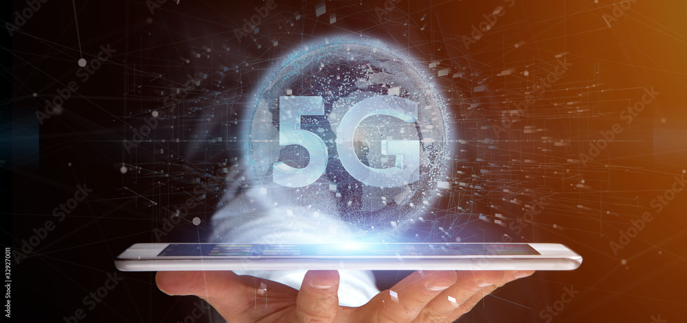 Poster businessman holding a 5g connection with data surrounding - 3d rendering