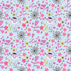 Seamless pattern with love labels, hearts. Hand drawn hearts, flowers, mug in doodle style.
