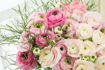 Persian buttercup. Bunch pale pink ranunculus flowers light background. Wallpaper, Horizontal photo .