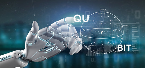 Obraz na płótnie Canvas Cyborg hand holding Quantum computing concept with qubit icon 3d rendering