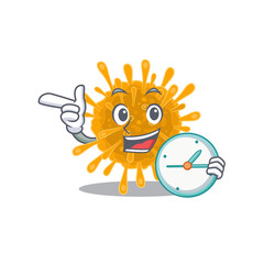 Cheerful coronaviruses cartoon character style with clock