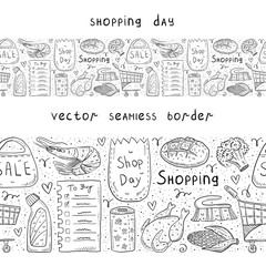 Shopping hand drawn doodle vector seamless border, pattern, texture, , backdrop. Isolated on white background. Check list, corn,  eco pack, paper bag, trolley, broccoli, lemon, brush, shrimp. 